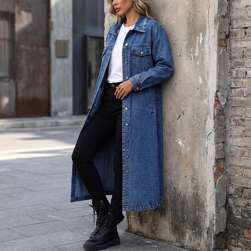 ✨👗Casaco de ganga feminino casual, comprido e com botões