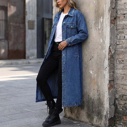 ✨👗Casaco de ganga feminino casual, comprido e com botões