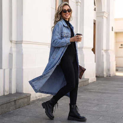✨👗Casaco de ganga feminino casual, comprido e com botões
