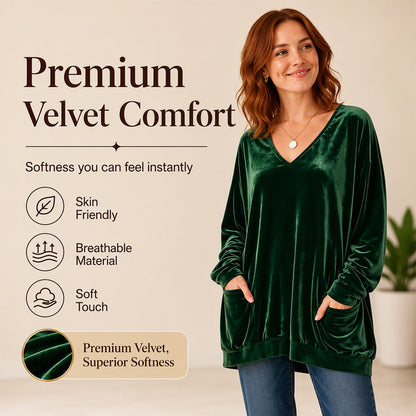 ☀️👚Estilo sazonal - Blusa de veludo com decote em V e mangas compridas – Conforto aconchegante e brilho sofisticado para os dias mais frescos