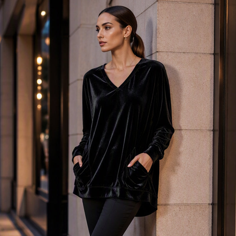 ☀️👚Estilo sazonal - Blusa de veludo com decote em V e mangas compridas – Conforto aconchegante e brilho sofisticado para os dias mais frescos