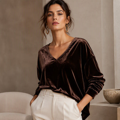 ☀️👚Estilo sazonal - Blusa de veludo com decote em V e mangas compridas – Conforto aconchegante e brilho sofisticado para os dias mais frescos