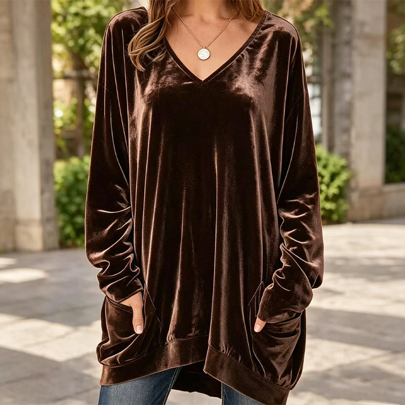 ☀️👚Estilo sazonal - Blusa de veludo com decote em V e mangas compridas – Conforto aconchegante e brilho sofisticado para os dias mais frescos