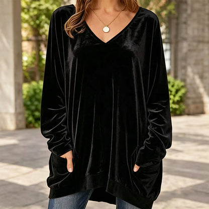 ☀️👚Estilo sazonal - Blusa de veludo com decote em V e mangas compridas – Conforto aconchegante e brilho sofisticado para os dias mais frescos