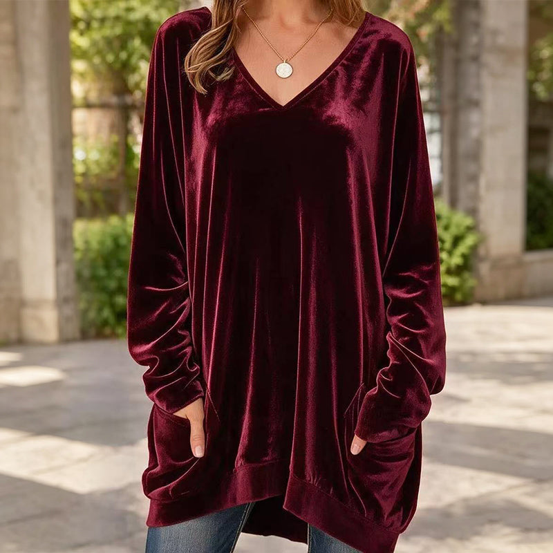 ☀️👚Estilo sazonal - Blusa de veludo com decote em V e mangas compridas – Conforto aconchegante e brilho sofisticado para os dias mais frescos