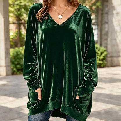 ☀️👚Estilo sazonal - Blusa de veludo com decote em V e mangas compridas – Conforto aconchegante e brilho sofisticado para os dias mais frescos