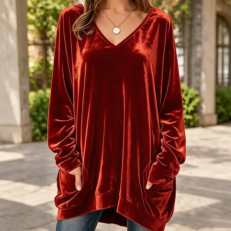 ☀️👚Estilo sazonal - Blusa de veludo com decote em V e mangas compridas – Conforto aconchegante e brilho sofisticado para os dias mais frescos