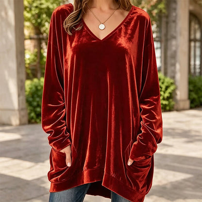 ☀️👚Estilo sazonal - Blusa de veludo com decote em V e mangas compridas – Conforto aconchegante e brilho sofisticado para os dias mais frescos