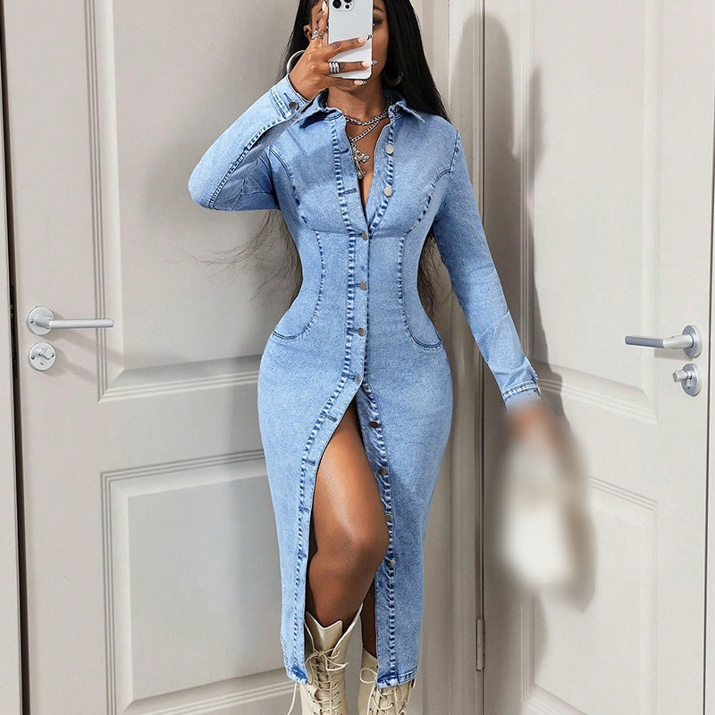 ✨👗Vestido midi de ganga de manga comprida com botões