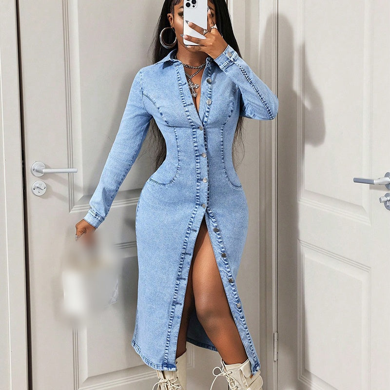 ✨👗Vestido midi de ganga de manga comprida com botões