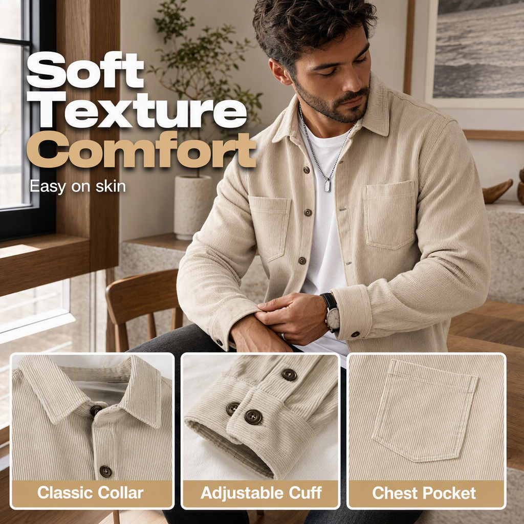 Casaco-camisa casual de veludo cotelê para homem