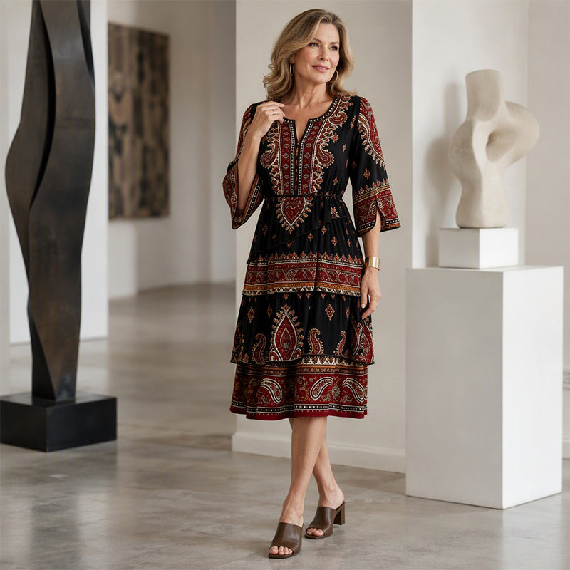 ✨👗Vestido feminino de estilo boémio com decote em V e camadas de folhos