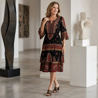 ✨👗Vestido feminino de estilo boémio com decote em V e camadas de folhos