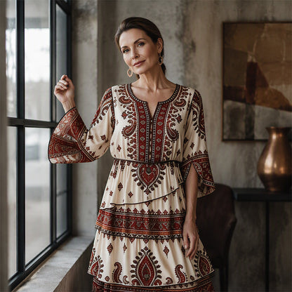 ✨👗Vestido feminino de estilo boémio com decote em V e camadas de folhos