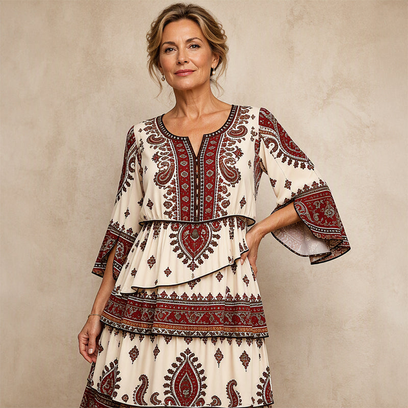 ✨👗Vestido feminino de estilo boémio com decote em V e camadas de folhos