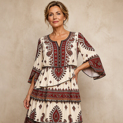 ✨👗Vestido feminino de estilo boémio com decote em V e camadas de folhos