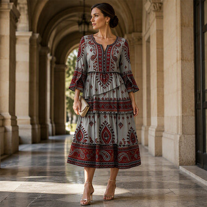 ✨👗Vestido feminino de estilo boémio com decote em V e camadas de folhos