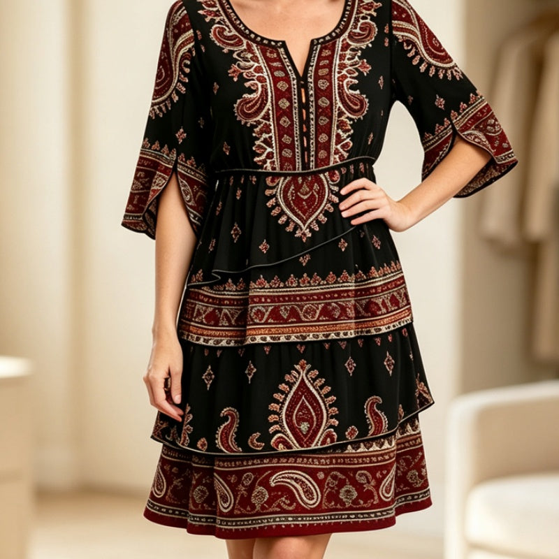 ✨👗Vestido feminino de estilo boémio com decote em V e camadas de folhos