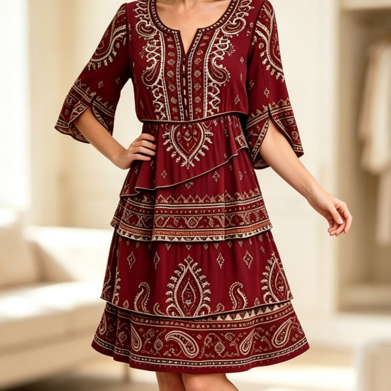 ✨👗Vestido feminino de estilo boémio com decote em V e camadas de folhos