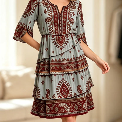 ✨👗Vestido feminino de estilo boémio com decote em V e camadas de folhos