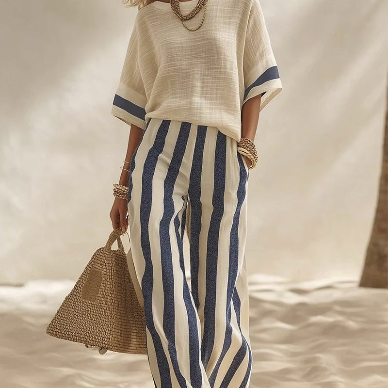 ✨👗Conjunto casual feminino de duas peças com riscas e calças de perna larga