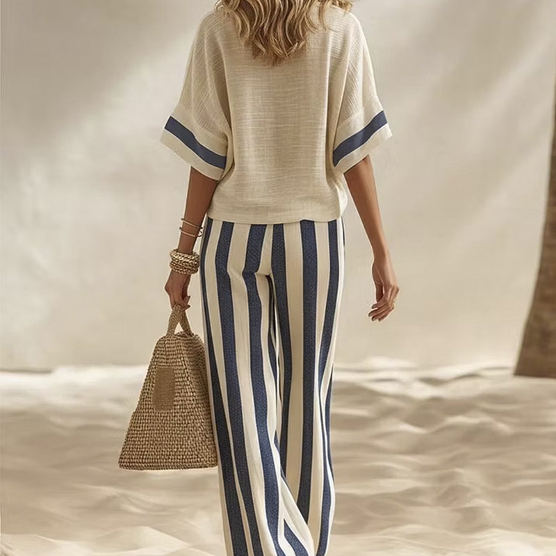✨👗Conjunto casual feminino de duas peças com riscas e calças de perna larga
