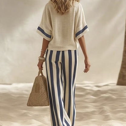 ✨👗Conjunto casual feminino de duas peças com riscas e calças de perna larga
