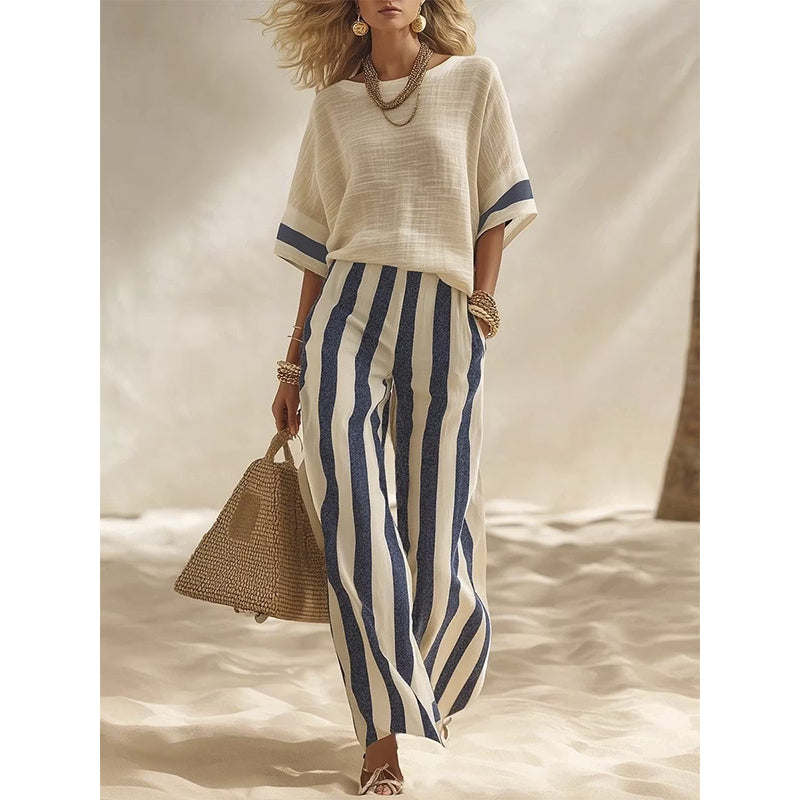 ✨👗Conjunto casual feminino de duas peças com riscas e calças de perna larga