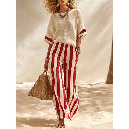 ✨👗Conjunto casual feminino de duas peças com riscas e calças de perna larga