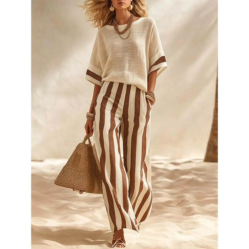✨👗Conjunto casual feminino de duas peças com riscas e calças de perna larga