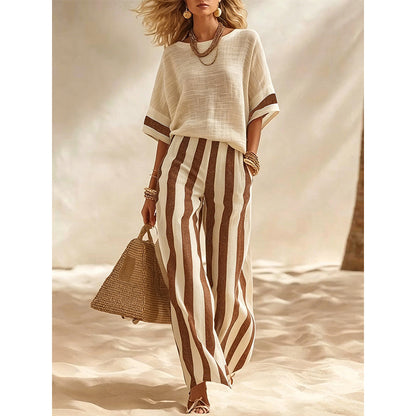 ✨👗Conjunto casual feminino de duas peças com riscas e calças de perna larga