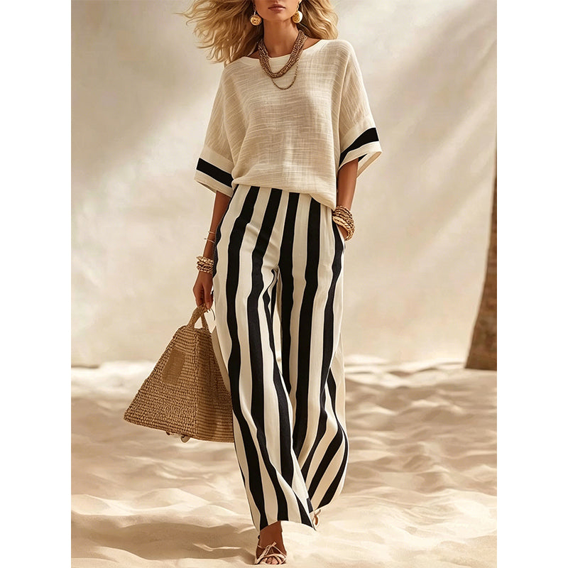 ✨👗Conjunto casual feminino de duas peças com riscas e calças de perna larga