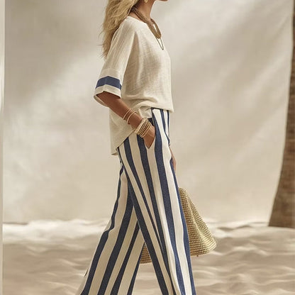 ✨👗Conjunto casual feminino de duas peças com riscas e calças de perna larga