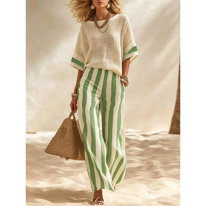 ✨👗Conjunto casual feminino de duas peças com riscas e calças de perna larga