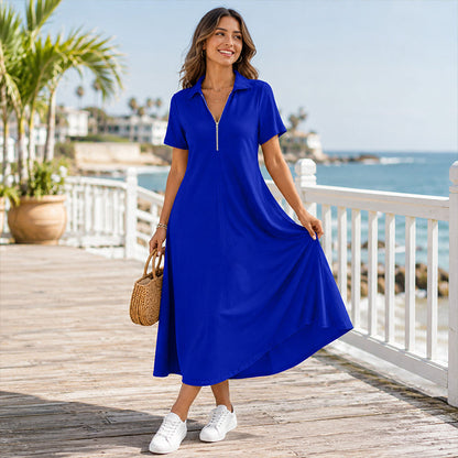 ✨👗Vestido maxi casual de cor lisa com fecho para mulher