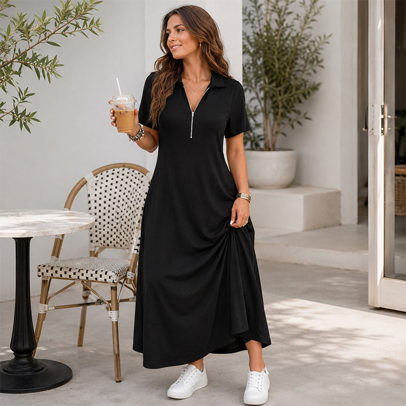 ✨👗Vestido maxi casual de cor lisa com fecho para mulher
