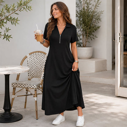 ✨👗Vestido maxi casual de cor lisa com fecho para mulher