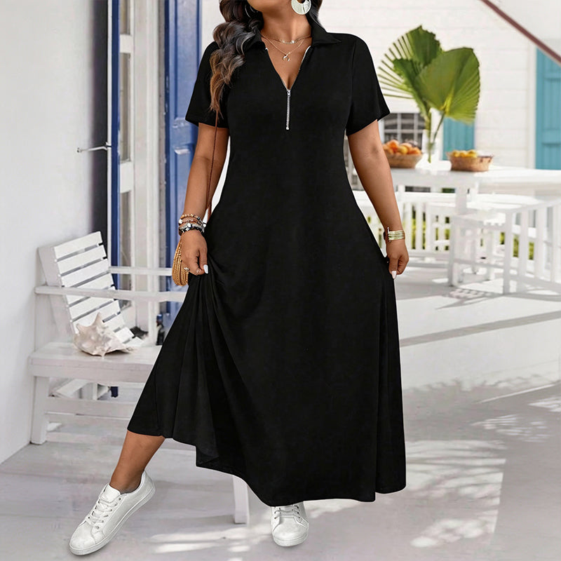 ✨👗Vestido maxi casual de cor lisa com fecho para mulher