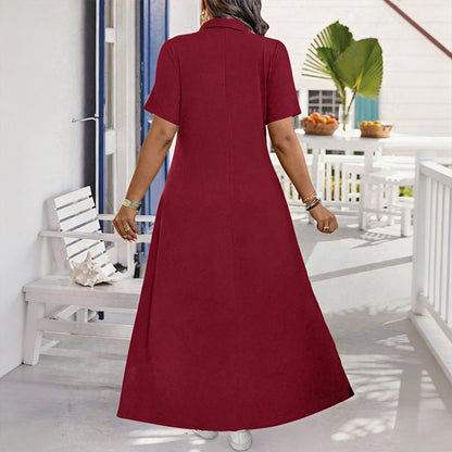 ✨👗Vestido maxi casual de cor lisa com fecho para mulher