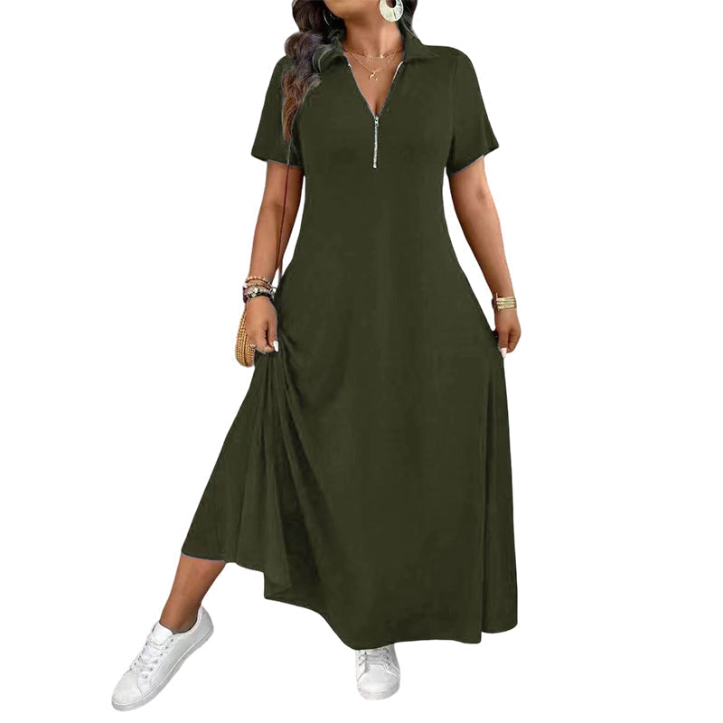 ✨👗Vestido maxi casual de cor lisa com fecho para mulher