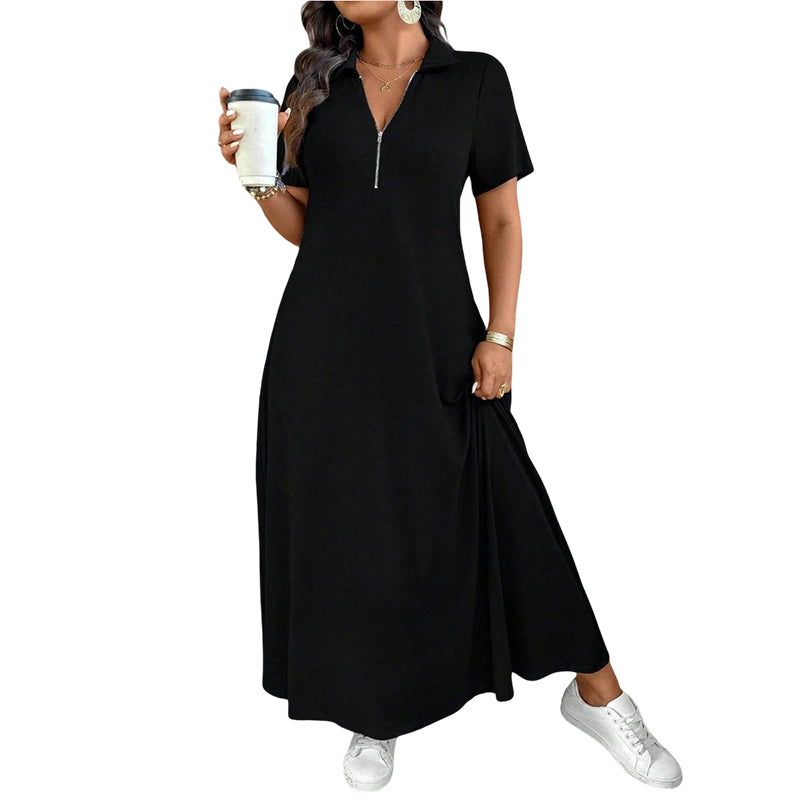 ✨👗Vestido maxi casual de cor lisa com fecho para mulher