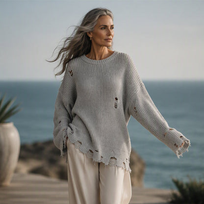 ✨👗Camisola feminina oversized com gola redonda e efeito desgastado