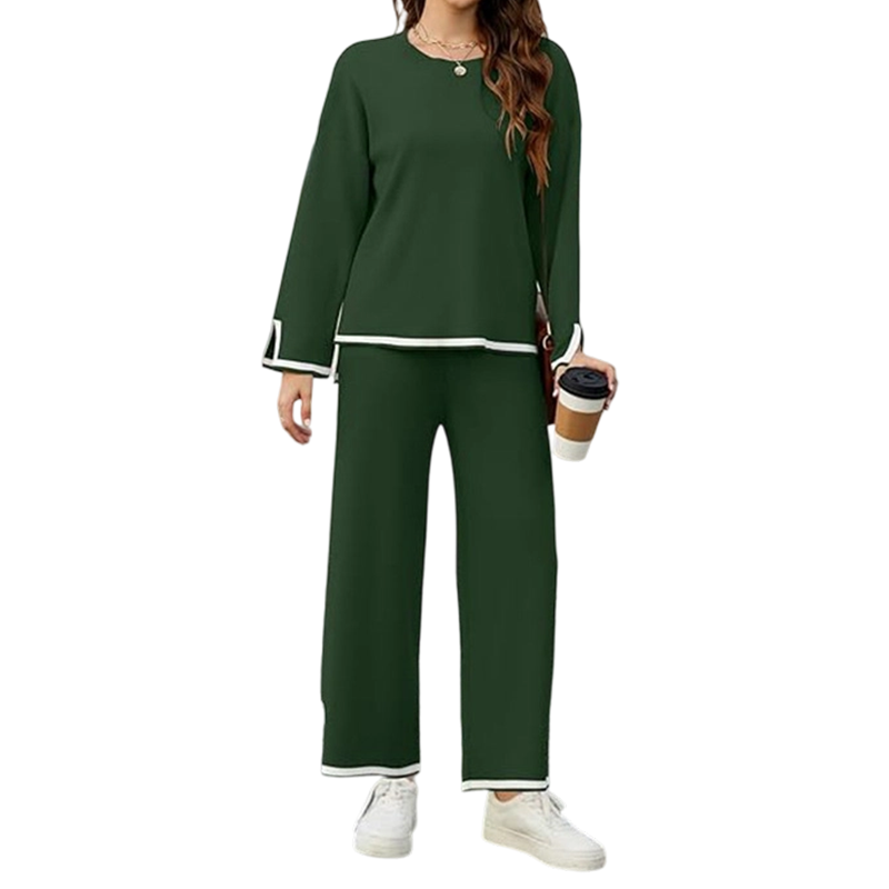 ✨👗Conjunto feminino de camisola casual de gola redonda e calças largas