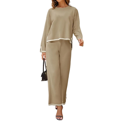 ✨👗Conjunto feminino de camisola casual de gola redonda e calças largas