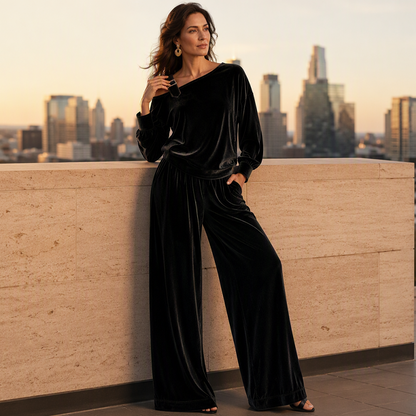 ✨👗Conjunto de top com ombros à mostra e calças largas para mulher