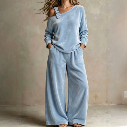✨👗Conjunto de top com ombros à mostra e calças largas para mulher