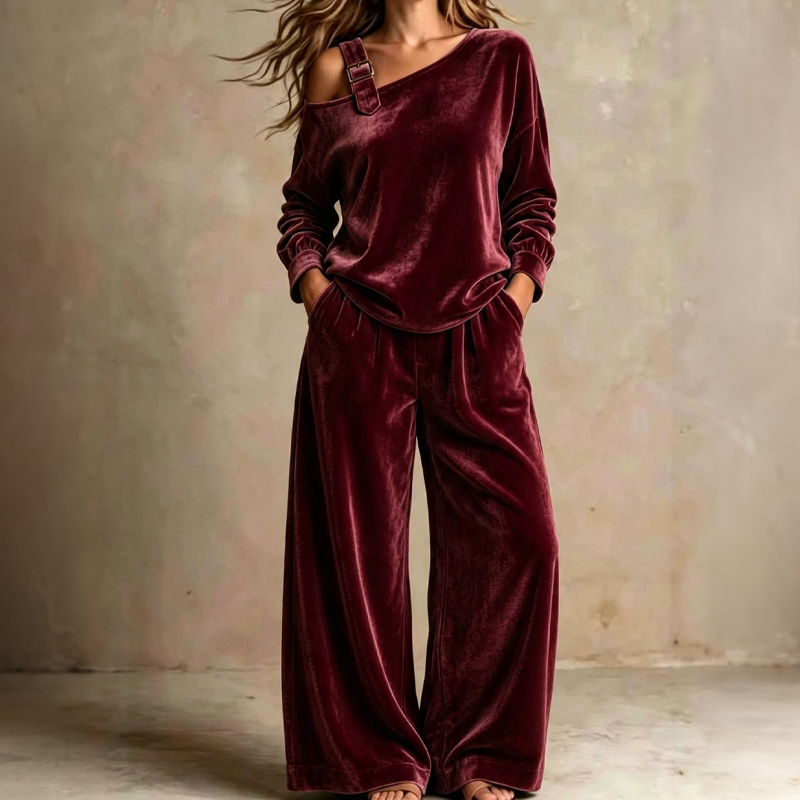 ✨👗Conjunto de top com ombros à mostra e calças largas para mulher
