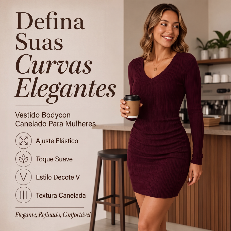 ✨👗Vestido de malha canelada com decote em V elegante para mulher