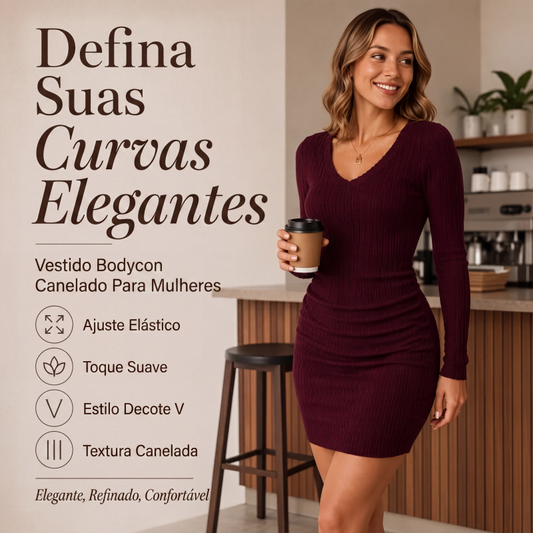 ✨👗Vestido de malha canelada com decote em V elegante para mulher