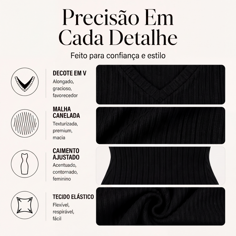 ✨👗Vestido de malha canelada com decote em V elegante para mulher